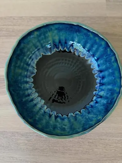 Ocean drip glazed serving bowl, deep blues pooling at the centre
